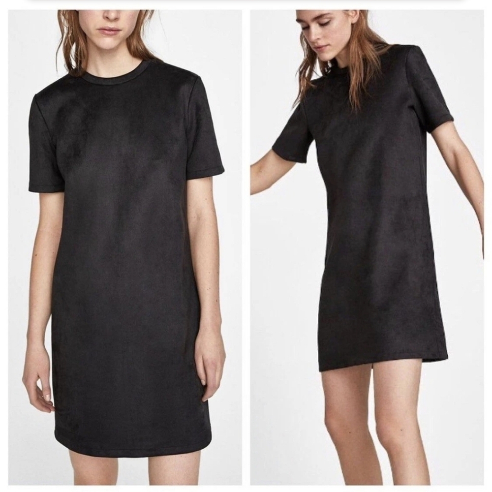 Zara Faux Suede Microsuede Vegan Solid Black Kangaroo Pocket Shift Dress Size M
